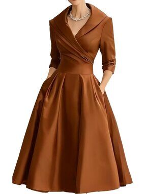 Women's Coffee Wrap Long Sleeve V-Neck Silky Casual Elegant Midi Church Dress